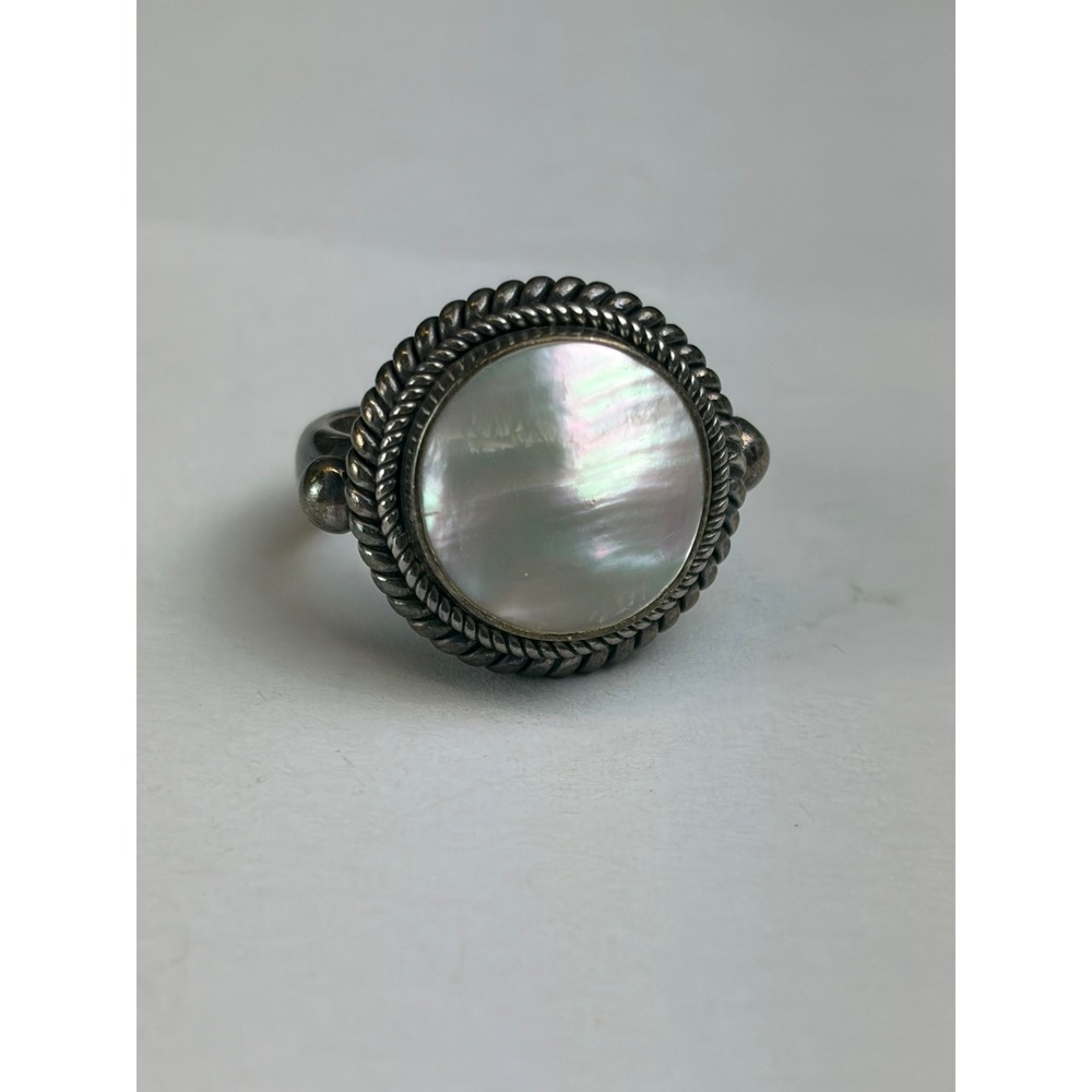BA Sterling Silver Ring 7.5 Mother of Pearl Round Rope Suarti Bali Vintage 925
